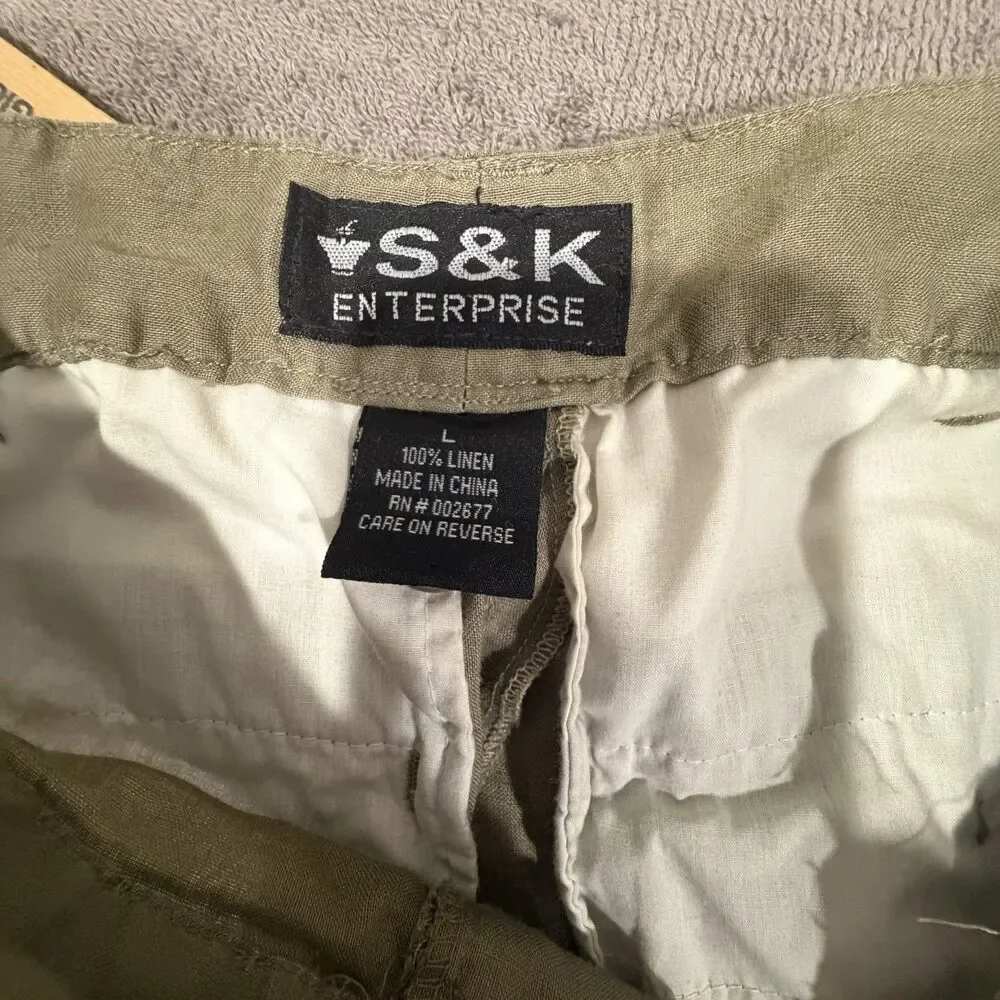 S&K Enterprise Mens Large 100% Linen Pants Olive Green Elastic Waist Casual